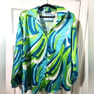 Boohoo Satin Blouse _ Green Print